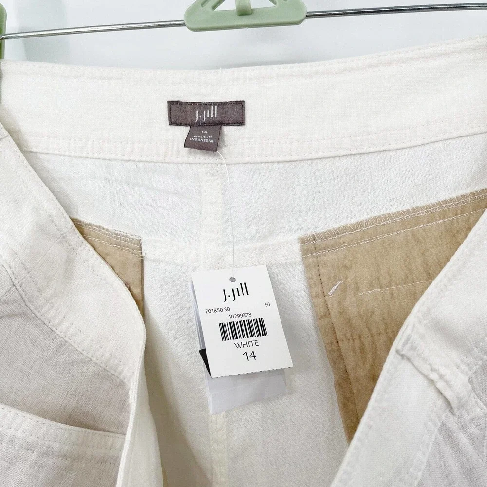 J.Jill Linen Straight Pants Sz 14 White Seamed High Rise Flat Front Pockets‎ NWT
